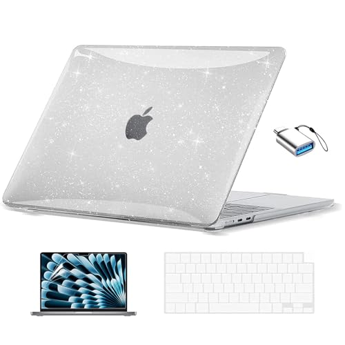 EooCoo for MacBook Air 13 inch Case M5/M4/M3/M2 2026-2022, Sparkly Clear | Glitter Design for Mac Air 13.6", Hard Shell & Keyboard Cover & Screen Film & Type-C Included, A3449/A3240/A3113/A2681 - color: Sparkly Clear