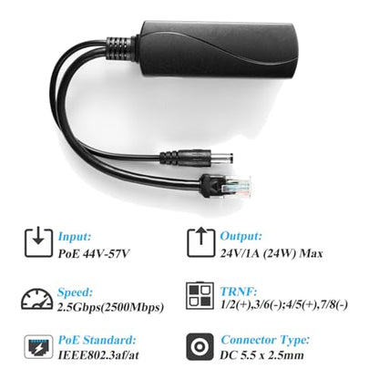 2.5G PoE Splitter 24V/1A, 48V PoE to DC 24V/1A 24W Output, DC 5.5 * 2.5mm Plug, 2.5Gbps Ethernet Comply IEEE802.3af/at, Plug and Play for IP Camera, Smart Home(PS5724TG-25) - style: (PS5724TG-25) 24V/1A 5.5 * 2.5mm