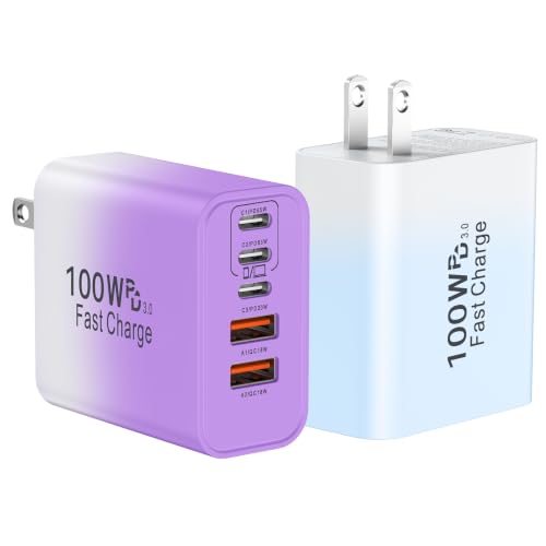 USB C Super Fast Charger Block, 100W USBC Wall Charger Plug, 2Pack 5-Port 65W Type C Phone Charging Cubes Multiport Power Adapter for iPhone 17/16/15/14/13/12 Series,Galaxy S26/S25 Ultra,iPad - color: Gradient Purple+Blue