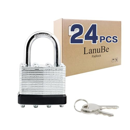 LanuBe Laminated Keyed Alike Padlock 24 Pack 1.6-in Wide Standard Shackle | Brass cylinder with keyed alike design.One key opens all locks.Black,Standard shackle for gates, sheds,hasps ＆ toolboxes - size: 24 Pack Black