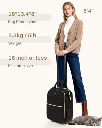 Rolling Puffer Backpack for Women, Wheeled Laptop Backpack, Short-Term Travel Backpack with Wheels, Roller Adults Work Computer Bag, Water Resistant Overnight College Underseat Carry on Luggage, Black - color: Black