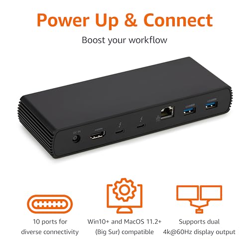 Amazon Basics Thunderbolt 4 Pro Docking Station, Dual 4K Monitor Support, 8K Display, 2xTBT4, 1xHDMI2.1, 3xUSB A 3.1, RJ45 Ethernet, Black, 7.86 x 2.95 x 1.23 inches - size: 7.86 x 2.95 x 1.23 inches