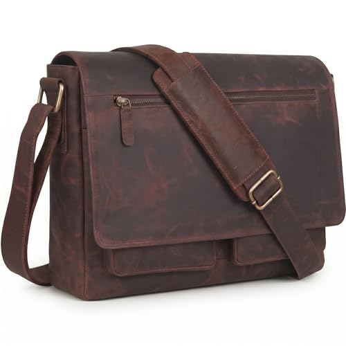 VALENCHI 15" Full Grain Leather Laptop Messenger Bag For Men & Women - Padded 15.3" Laptop Compartment, Ample Storage & Pockets, Premium Natural Leather (Brown Oily Hunter) - color: Brown Oily Hunter