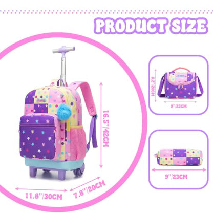 Girls Rolling Backpack with Lunch Box School Backpacks with Wheels 16.5" Roller Backpack for Girls, 3pcs Kids Wheeled Bookbag for Elementary School - color: Duosewujiaoxing