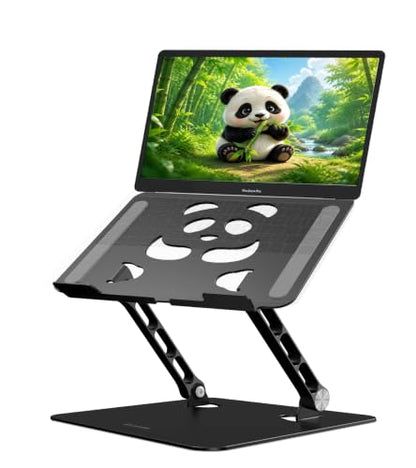 Stable Laptop Stand for Desk Fit for 10"-16.3" Laptops, Black | Foldable Aluminum Riser Creates an Ergonomic Workspace with Cute Panda Cooling Vent, Fits MacBook Air/Pro, Dell and Lenovo - color: Black