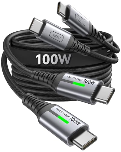 INIU 100W USB C to USB C Cable, [3.3ft+3.3ft] Fast Charging Type C Cord | Nylon Braided, Fast Charging, LED Indicator, USB-C Data Transfer, for iPhone 17 16 Pro, MacBook Pro, iPad, Samsung S26 etc - color: Black, size: 3.3ft+3.3ft
