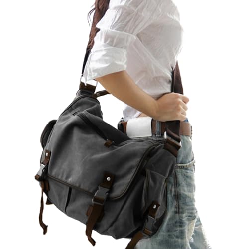 [Upgraded] Vintage Canvas Messenger Bag 13 15.6 17 inches Large Book Laptop Shoulder Bag Women Men New (Black, Large) - color: Black, size: Large