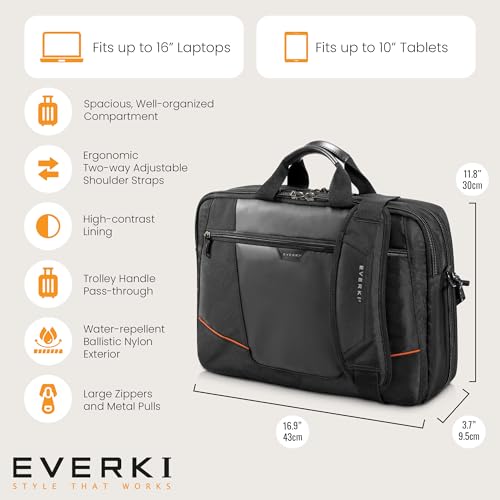EVERKI Flight Business Laptop Briefcase Bag - Travel Checkpoint Friendly & Heavy Duty Laptop Briefcases for Men, Business Travel Bag with Lap top Compartment up to 16", 15L Capacity (EKB419), Black