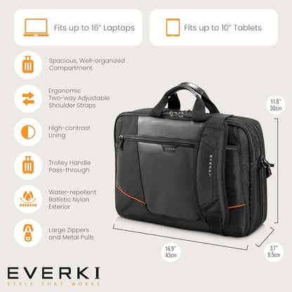 EVERKI Flight Business Laptop Briefcase Bag - Travel Checkpoint Friendly & Heavy Duty Laptop Briefcases for Men, Business Travel Bag with Lap top Compartment up to 16", 15L Capacity (EKB419), Black