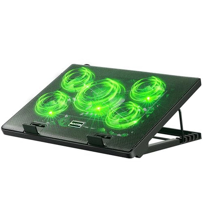 Kootek Laptop Cooling Pad Cooler Stand with 5 Quiet Fans for 12"-17" Laptop | 5 Fans, USB Powered, Laptop Cooling Stand with 2 USB Hub, 6 Adjustable Height, 360° Cooling Coverage, Anti-Slip, Green LED - color: Green