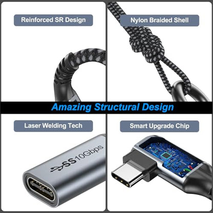 Small USB C Extension Cable 1FT, Right Angle(100W/10Gbps/4K@60Hz) | 12in Short USBC Extender Cord 90°for MacBook Pro/Air,USBC Hub,Microphone,Flash Drive,Docking,Phone,PC - size: 1FT