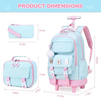 DIGOBAY Rolling Backpack for Girls, Roller Bag with Lunch Box Pencil case | Kawaii Girls Roller Backpack With Wheels School Bookbag With Cute Pins for Elementary Middle School, Aquamarine Pink - color: Aquamarine-pink
