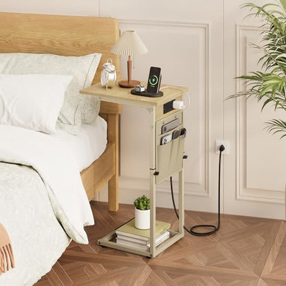 Vagusicc C Shaped End Table with Charging Station, Adjustable Height C Table End Table, Small Side Table for Couch, Couch Table Slide Under Sofa Table TV Tray Arm Table for Living Room,Bedroom,Natural - color: Natural Walnut, style: With Plug