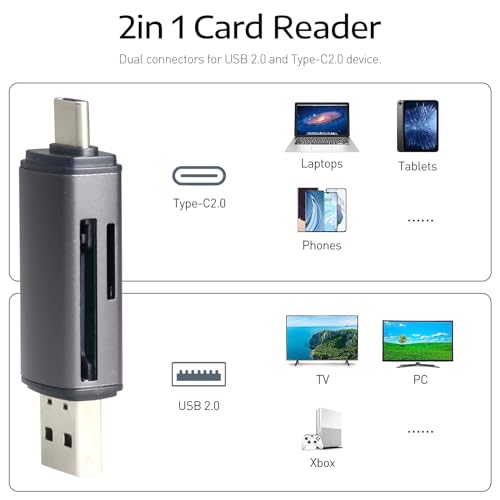 USB-C and USB SD Card Reader, 2-in-1 Aluminum Alloy Memory Card Reader with Dual Connectors for SDXC, SDHC, SD, MMC, RS-MMC, Micro SDXC, Micro SD, Micro SDHC, and UHS-I Cards