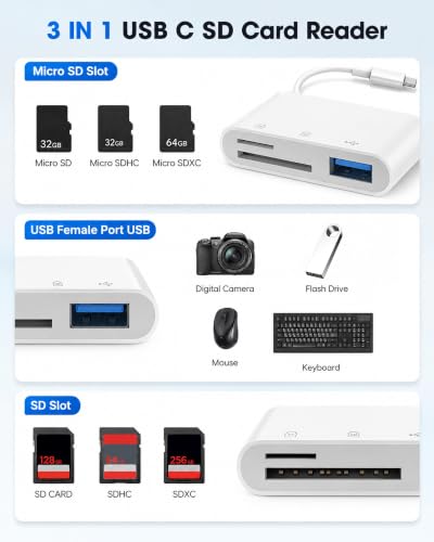 USB C SD Card Reader 3-in-1 High-Speed USB 3.0 Adapter | for Micro SD/TF Memory Cards, Work with MacBook Pro/Air, Pad, Android Phone, Tablet & Windows Laptop