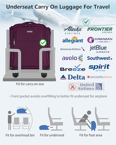 HanTrip 16 Inch Underseat Carry On Luggage with Wheels Softside Small Suitcases Personal Item Bag with Pocket Travel Luggage for Men Women Business Overnight Bag(Purple) - color: Purple