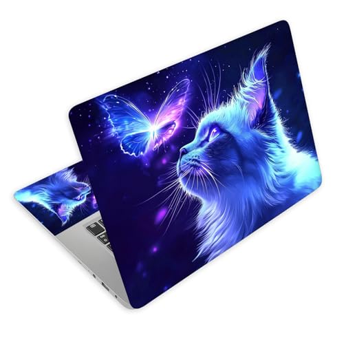 Universal Laptop Skin Decal, 3-Piece Vinyl Protector for 12 13 14 15.6" Notebook, Waterproof Anti-Scratch, Easy Trim & Bubble-Free Finish, Blue Butterfly and Luminescent Cat - color: Blue Butterfly and Luminescent Cat