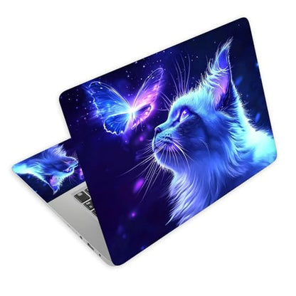 Universal Laptop Skin Decal, 3-Piece Vinyl Protector for 12 13 14 15.6" Notebook, Waterproof Anti-Scratch, Easy Trim & Bubble-Free Finish, Blue Butterfly and Luminescent Cat - color: Blue Butterfly and Luminescent Cat