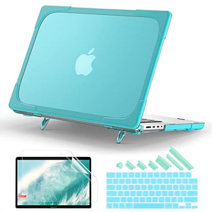 Batianda Heavy Duty Case for MacBook Pro 14 inch 2026-2021, Blue | Fits M5/M4/M3/M2/M1 Pro Max Chip, Ergonomic Foldable Stand Holds 22 lbs, Shockproof Bumper, Matte Translucent Hard Shell - color: Cyan