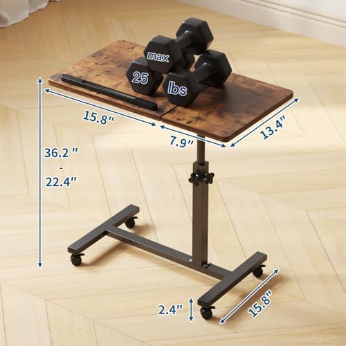 Adjustable Overbed Table with Wheels, Versatile Bedside Laptop Desk with 180° Flip Top, Height Adjustable Rolling Side Table for Bed, Sofa, or Recliner, Brown - color: Rustic Brown