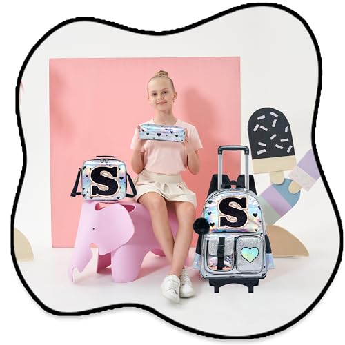 HTgroce Cute Rolling Backpack with Wheel,School Backpack for Kids Girl Roller Schoolbag Wheeled Backpacks Set Carry-on Luggage,Initial S - color: Silver, style: S