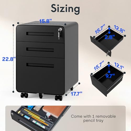 FLEXISPOT 3 Drawer File Cabinet, Mobile Metal Filing Cabinet with Lock,Legal/Letter File Organizer with Wheels for Home Office, Pre-Assembled, Round Corner Design, Black - color: Black, style: Rounded Corner