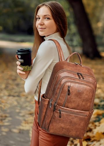 17 inch Leather Laptop Backpack for Women, Large Travel Backpack with 6 Compartments, Vegan Leather Computer backpack purse for Work Casual Daypack College - color: Brown