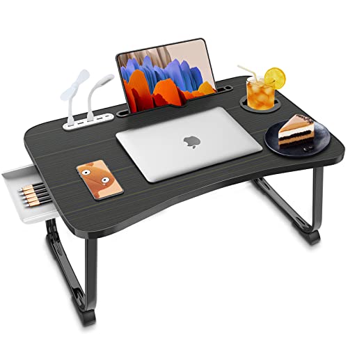 Fayquaze Laptop Bed Desk, Portable Foldable Laptop Bed Table with USB Charge Port Storage Drawer and Cup Holder, Lap Desk Notebook Stand Tray Table Serving Tray for Eating, Reading and Working | Portable, Foldable, Lap Desk with USB Charge Port Storage Dr