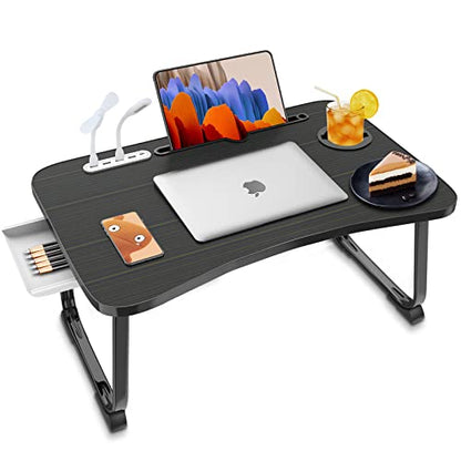 Fayquaze Laptop Bed Desk, Portable Foldable Laptop Bed Table with USB Charge Port Storage Drawer and Cup Holder, Lap Desk Notebook Stand Tray Table Serving Tray for Eating, Reading and Working | Portable, Foldable, Lap Desk with USB Charge Port Storage Dr