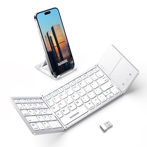 Samsers Foldable Bluetooth Keyboard with Touchpad, Slim Compact, Silver | Multi-touch Trackpad, Full Size, Phone Holder, USB-C Charging, 3 Device, for Android Windows iOS Mac OS, Mobile Productivity - color: Frost Silver, size: 3-Device