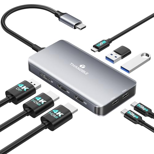 USB C Docking Station Dual Monitor, Laptop Docking Station 3 Monitor, USB C Hub Dual 4K@60Hz HDMI Display with DisplayPort Port, 5Gbps USB-A/C Data Port, 100W PD, for HP/Dell/Lenovo/Laptop