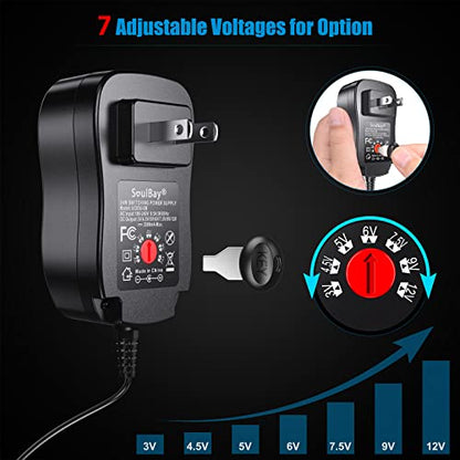 SoulBay 24W Universal AC/DC Adapter 12V 9V 7.5V 6V 5V 4.5V 3V Regulated Switching Power Supply with 8 Selectable Plugs for LED Strip Light Camera Keyboard Speaker Scale Recorder Massager, 2A Output