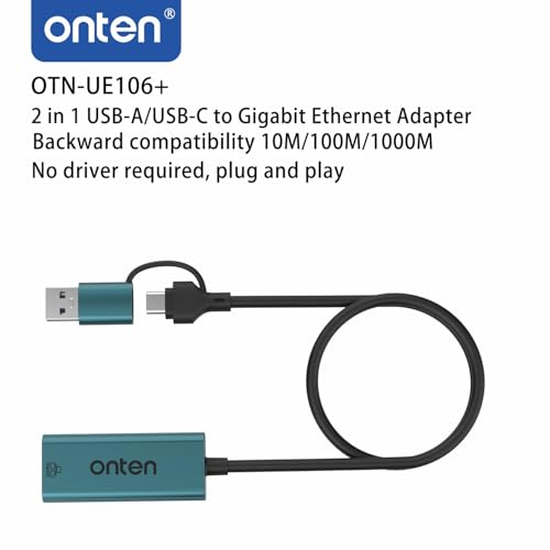 Onten USB-A and USB-C to Ethernet Adapter,Driver Free RJ45 to USB C or USB A, Gigabit Ethernet LAN Network Adapter for Windows,Mac OS, iOS and More