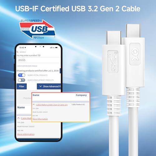 Cable Matters [USB-IF Certified] 10Gbps Gen 2 USB C Cable, 3.3ft/1m, White | [4K@60Hz Video, 100W Charging, 10Gbps Data Transfer] USB C to USB C Gen 2 Cable - color: White, size: 3.3 Feet