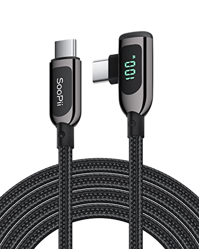 SOOPII 100W Right Angle USB C to USB C Cable,6.6FT Zinc Alloy Case Nylon Braided Type-C Cable with LED Display for lPad Mini/Air/Pro,MacBook Pro,Samsung S23/S22/S10,Pixel,LG(2m,Black) - color: Black, size: 6.6 ft
