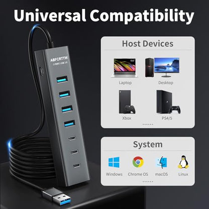 6Ft 7-Port USB Hub 3.0 for Desktop, 4 USB-A & 3 USB-C Ports Aluminium 5Gbps USB Extender Hub, USB Splitter, USB Hub Long Cable for Desktop, PC, Flash Drive, Mobile HDD SSD, Windows/XPS - size: 6Ft
