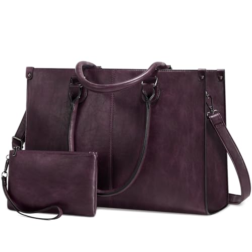 LOVEVOOK Laptop Tote Bag for Women, 15.6 Inch Professional Work Bag with Matching Clutch, Waterproof Vintage Leather Computer Tote for Office, Business Travel & Daily Use, Gift for Women - color: Fuchsia, size: 15.6 inch