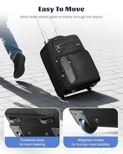 Ponhog Rolling Laptop Backpack with Wheels Carry On Laptop Bag | Airline Approved Water Resistant Travel Backpack, Fits 15.6 Inch Laptop, for Business Travel, College School, Black