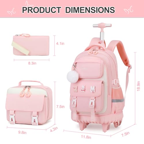 DIGOBAY Rolling Backpack for Girls, Roller Bag with Lunch Box Pencil case | Kawaii Girls Roller Backpack With Wheels School Bookbag With Cute Pins for Elementary Middle School, Pink - color: Pink