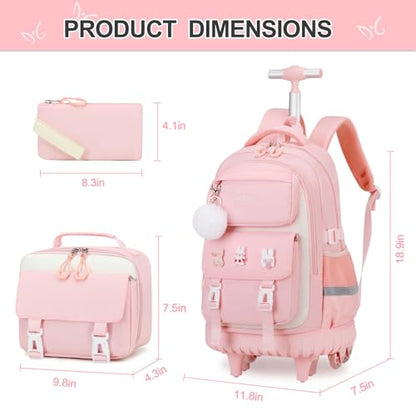 DIGOBAY Rolling Backpack for Girls, Roller Bag with Lunch Box Pencil case | Kawaii Girls Roller Backpack With Wheels School Bookbag With Cute Pins for Elementary Middle School, Pink - color: Pink