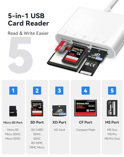 Fubiaofei SD Card Reader, 5 in 1 USB USB-C Dual Connector to SD/TF/CF/Micro SD/XD/MS Multi Memory Card Reader OTG Adapter -Compatible with Windows/Mac/Linux/Android, Plug & Play - size: 5 Slots for (USBC+A)