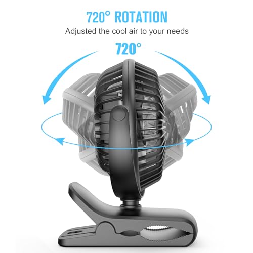 HONYIN 720° Rotation Small Desk, Hang & Clip on Fan by USB Plug In | Sturdy Clamp, 3 Speeds, Quiet Little Personal Cooling Fan for Bedroom Office Desktop Treadmill - color: Black