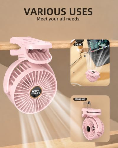 TUNISE Mini Clip on Fan, Battery Operated Desk Fan, Digital display，3 Speeds Adjustable, Bidirectional 360 ° Adjustable, Super Strong Wind, Portable Fan for Home, Office, Camping - color: Pink