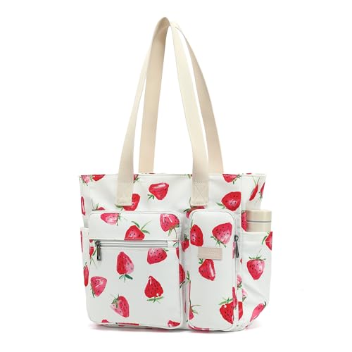 Women Tote Bag With Muti-Pockets,Lightweight Shoulder Bag,Large Capacity Handbag for Travel, Work, Gym - color: Strawberry