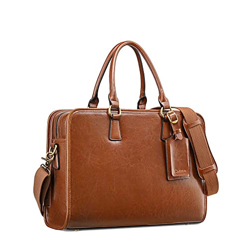 Kattee Genuine Leather Briefcase for Women, Large Capacity Laptop Bag | Genuine leather, spacious fits 14" laptop. Multiple pockets. Ideal for work, business travel - color: Dark Brown
