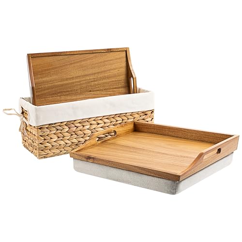 ROSSIE Home Wood Lap Tray – Natural Acacia, 2-Pack with Storage Basket - color: Natural Acacia, size: 2-Pack with Basket