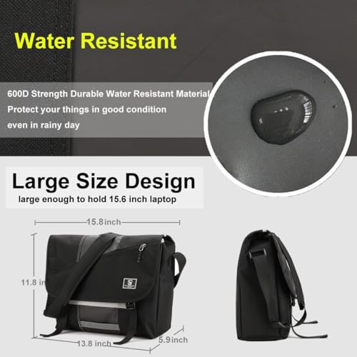 OIWAS 15.6" Laptop Messenger Bag for Men, Satchel Crossbody Bag, Black | Padded laptop sleeve, built-in bottle holder & reflective safety strips, large shoulder bag for college, work, travel - color: 15.6 Inch-black