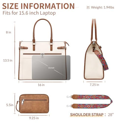 SYTRAH Laptop Tote Bag for Women, 15.6 inch Computer Purse | Faux Leather Laptop Tote with Satchel Purse, Fits 15.6" Laptop, 9-Pocket Organizer, 3-Way Convertible,Work & Casual - color: Beige Brown
