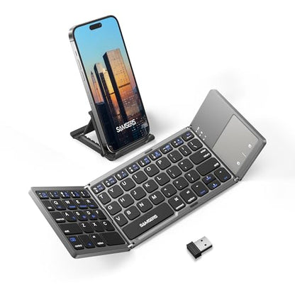 Samsers Foldable Bluetooth Keyboard with Touchpad, Ultra Slim Compact -Grey | Multi-touch Trackpad, Full Size, Phone Holder, USB-C Charging, 3 Device, for Android Windows iOS Mac OS, Mobile Productivity - color: Grey, size: 3-Device