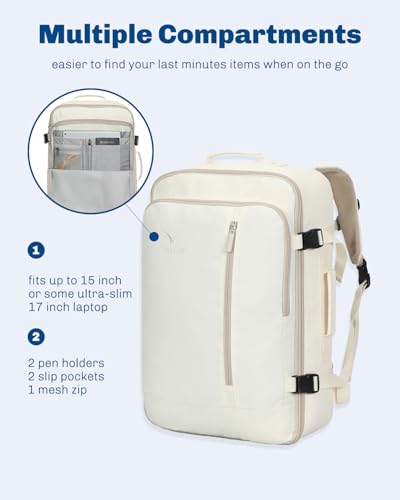 Carry on Backpack 38L Large Travel Backpack for Women Flight Approved Weekender Bag Laptop Backpack Men 15 inches Beige - color: Beige